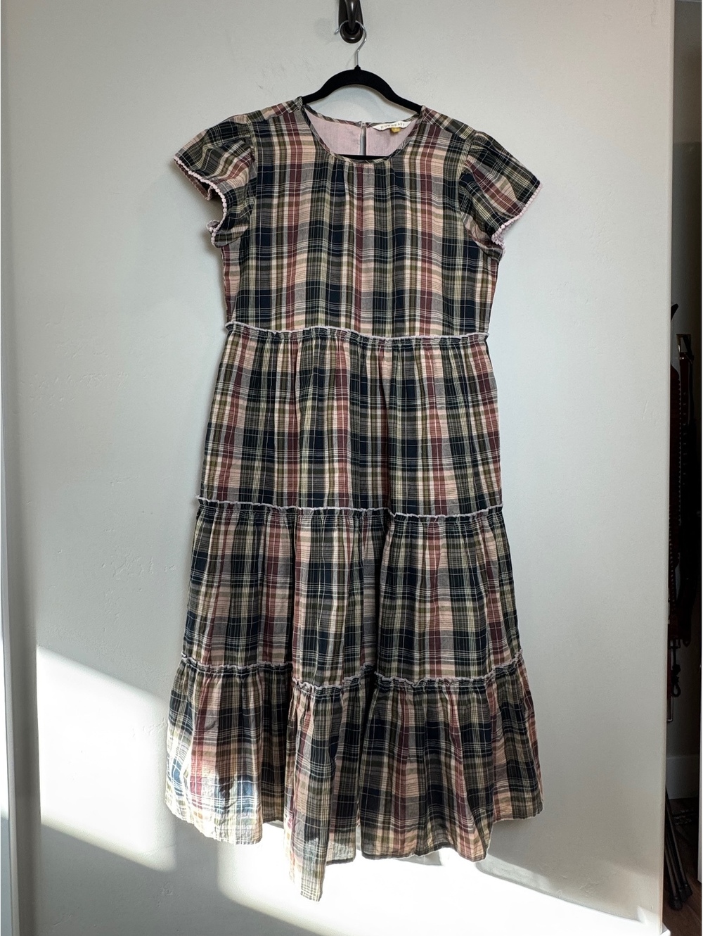 DOWNEAST Cotton Plaid Flutter Sleeve Tiered Midi Dress MED COTTAGECORE